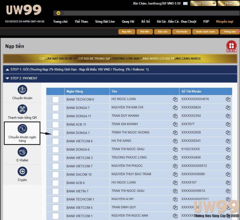 nạp tiền uw99 qua ngân hàng
